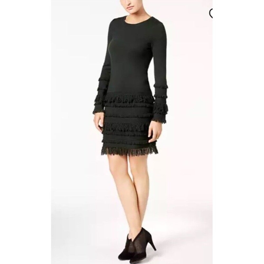NWT $328 Trina Turk Charcoal Fringe Sass Merino Wool Dress Size Large Lined